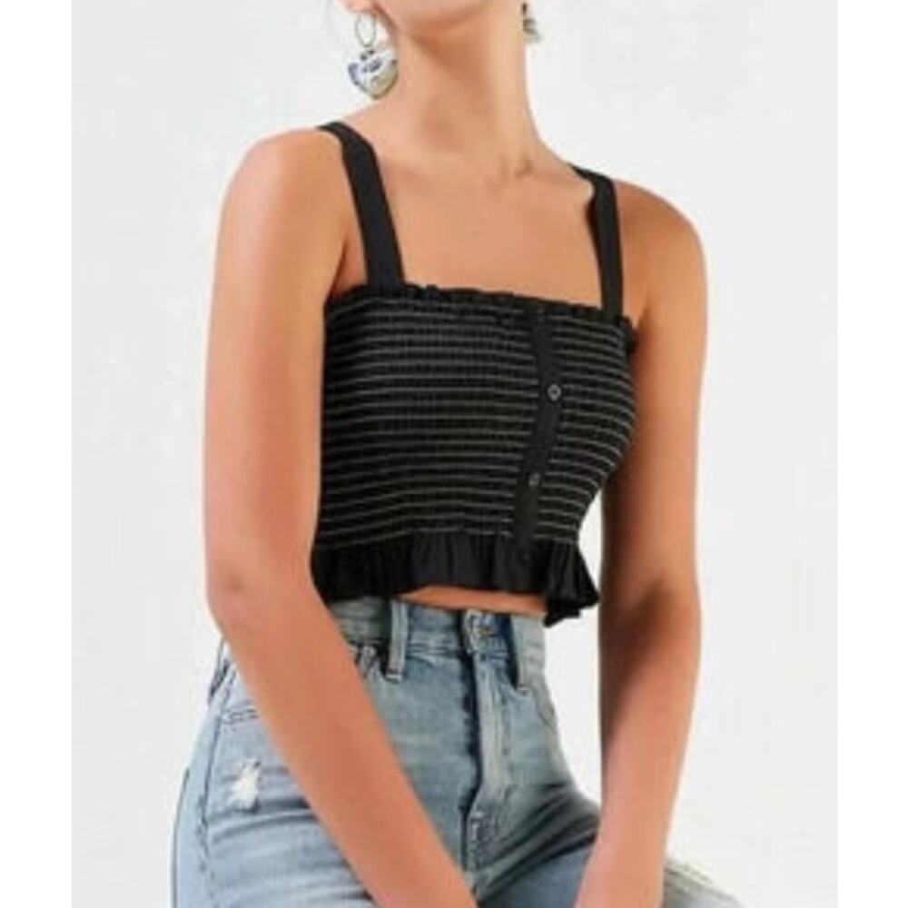 Urban Outfitters Smocked Button Down Peplum Top Black SZ Medium